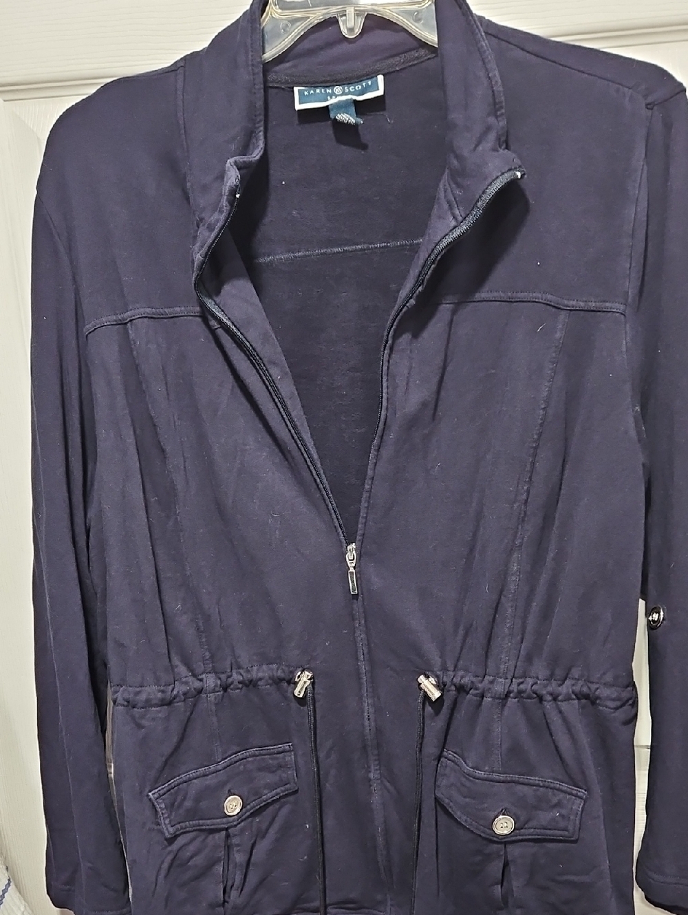 Karen Scott Navy Zip Front Utility Jacket with Drawstring Waist